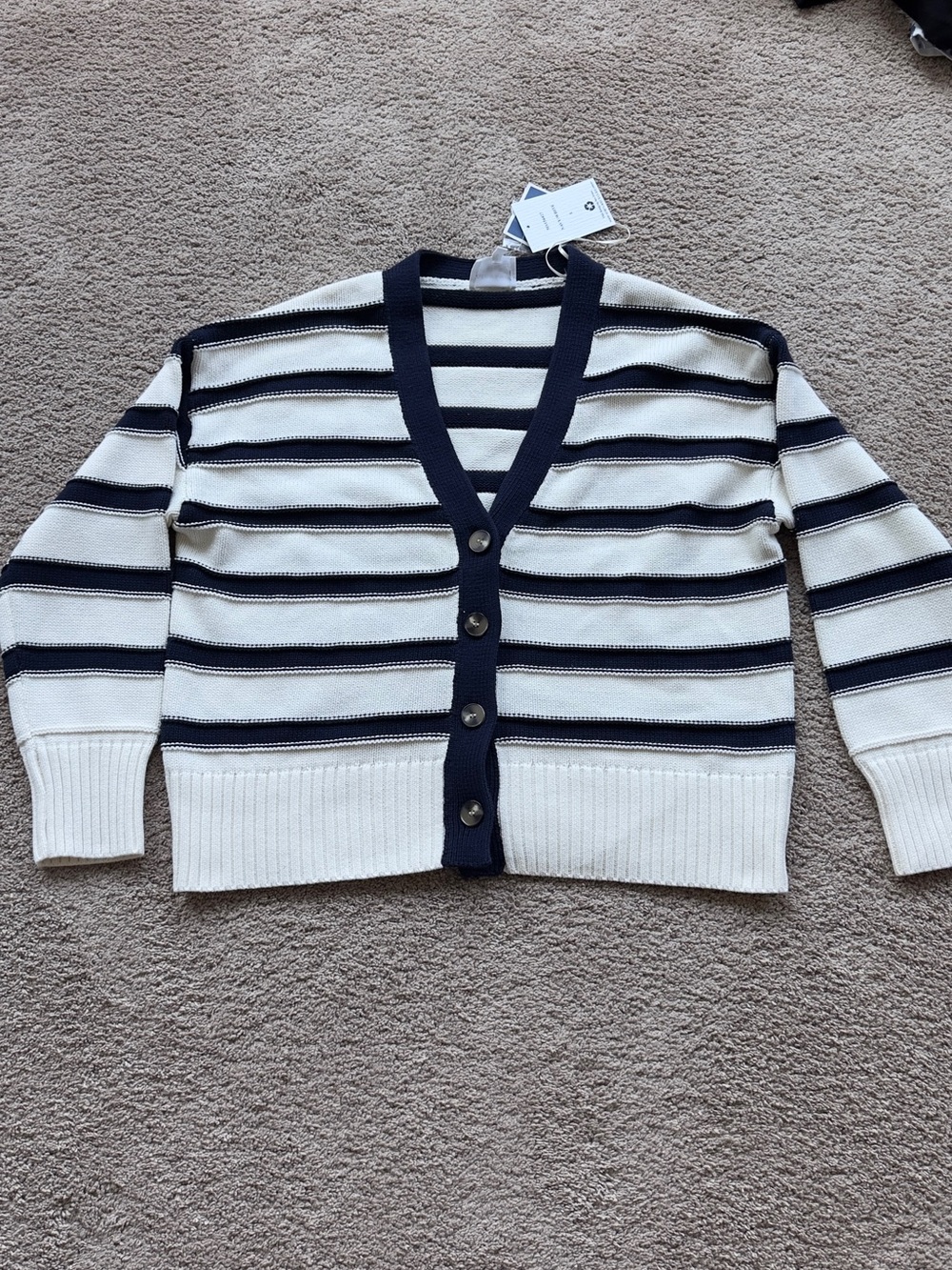 Women’s Navy and White Striped Button Cardigan